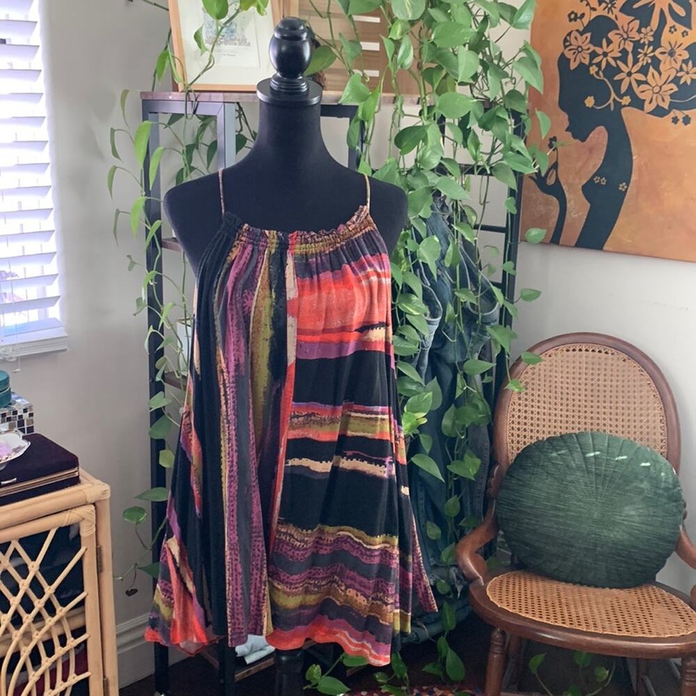 Free People Multicolor Abstract Spaghetti Strap Mini Swing Boho Tunic Dress